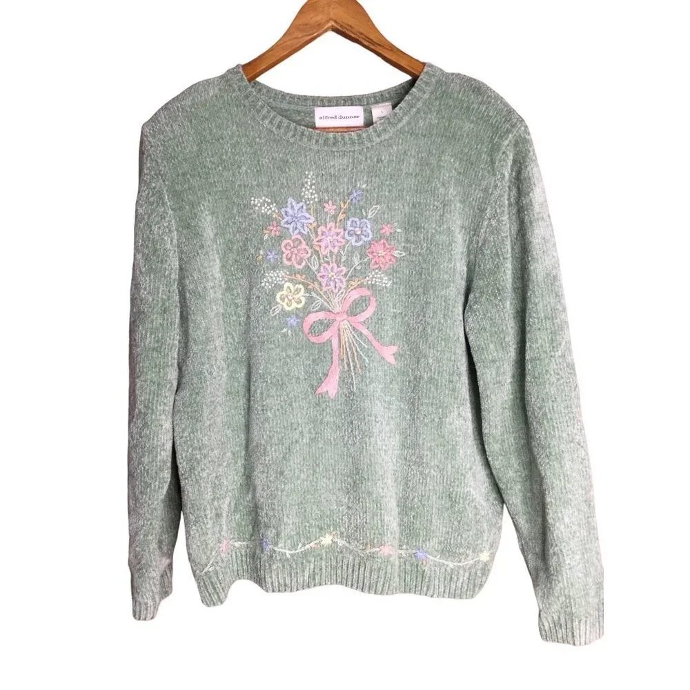 Vintage womens sweater embroidered flowers bouquet grannycore pastel - Picture 1 of 8